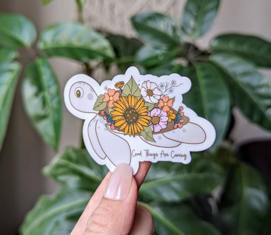 Good things are coming vinyl sticker, turtle flower sticker