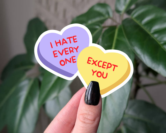 I hate everyone except you, conversation heart vinyl sticker