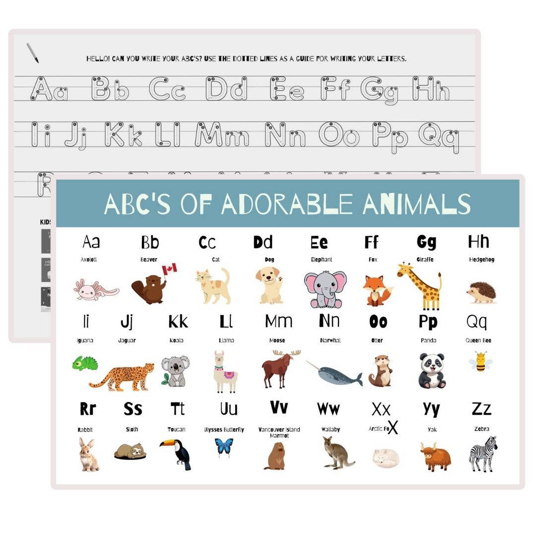 ABC Kids Placemat – Cute Animals – Double-Sided & Wipeable