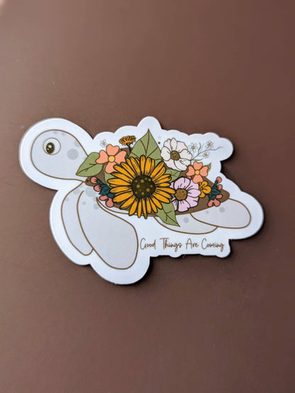Good things are coming vinyl sticker, turtle flower sticker
