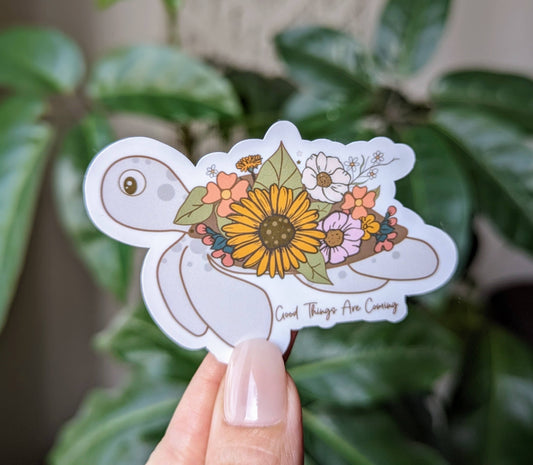 Good things are coming vinyl sticker, turtle flower sticker